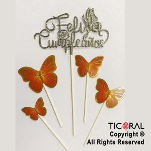 CAKE TOPPER CON 4 MARIPOSAS ROJAS  Y FELIZ CUMPLEAOS CURSIVA PLATA METALIZADO